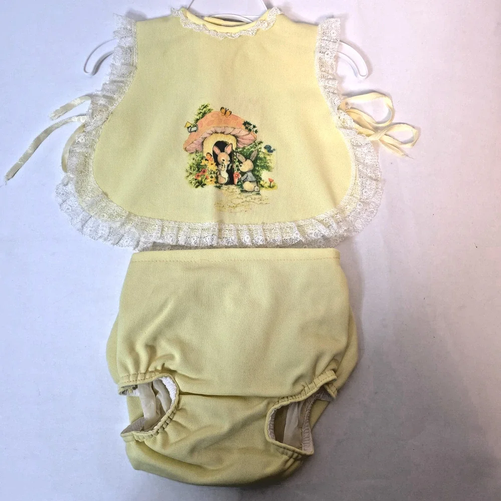 Vintage Nannette Baby Girl Bib Smock Bloomers Yellow Rabbit Mushroom Graphic 2pc
